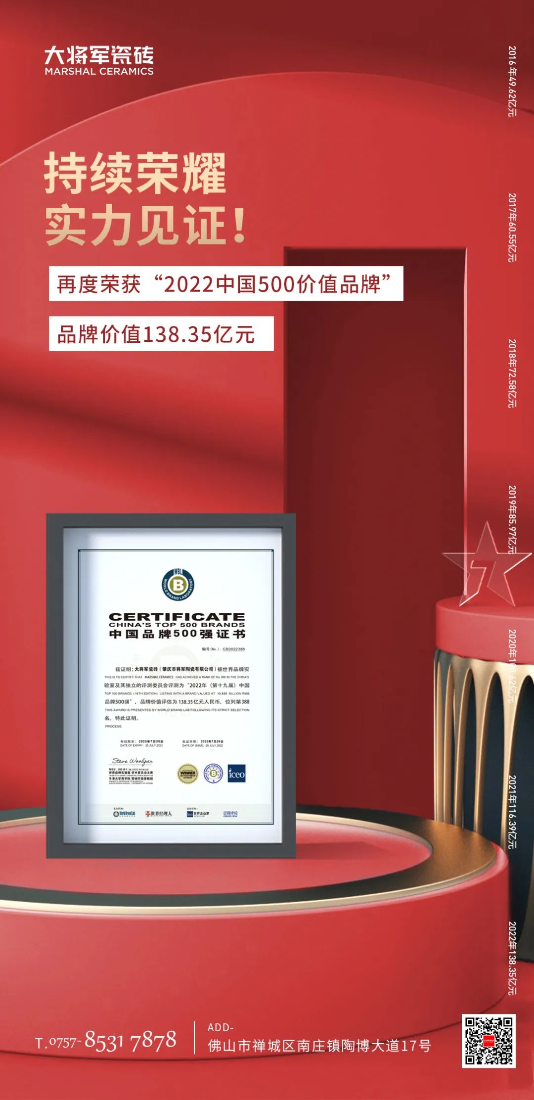 步履不停！138.35億元！大將軍瓷磚連續7年上榜中國500價值品牌！(圖3)